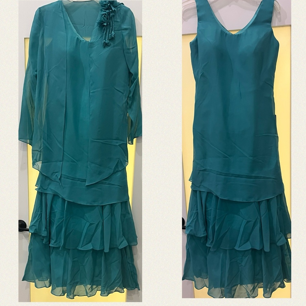 BRAND NEW IZIDRESS  Teal V-Neck Chiffon Tiered Maxi Dress MED w/Sheer Open Front